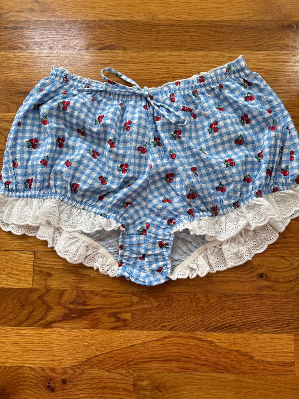 Urban Outfitters Blue Gingham Cherry Lace Trim Shorts